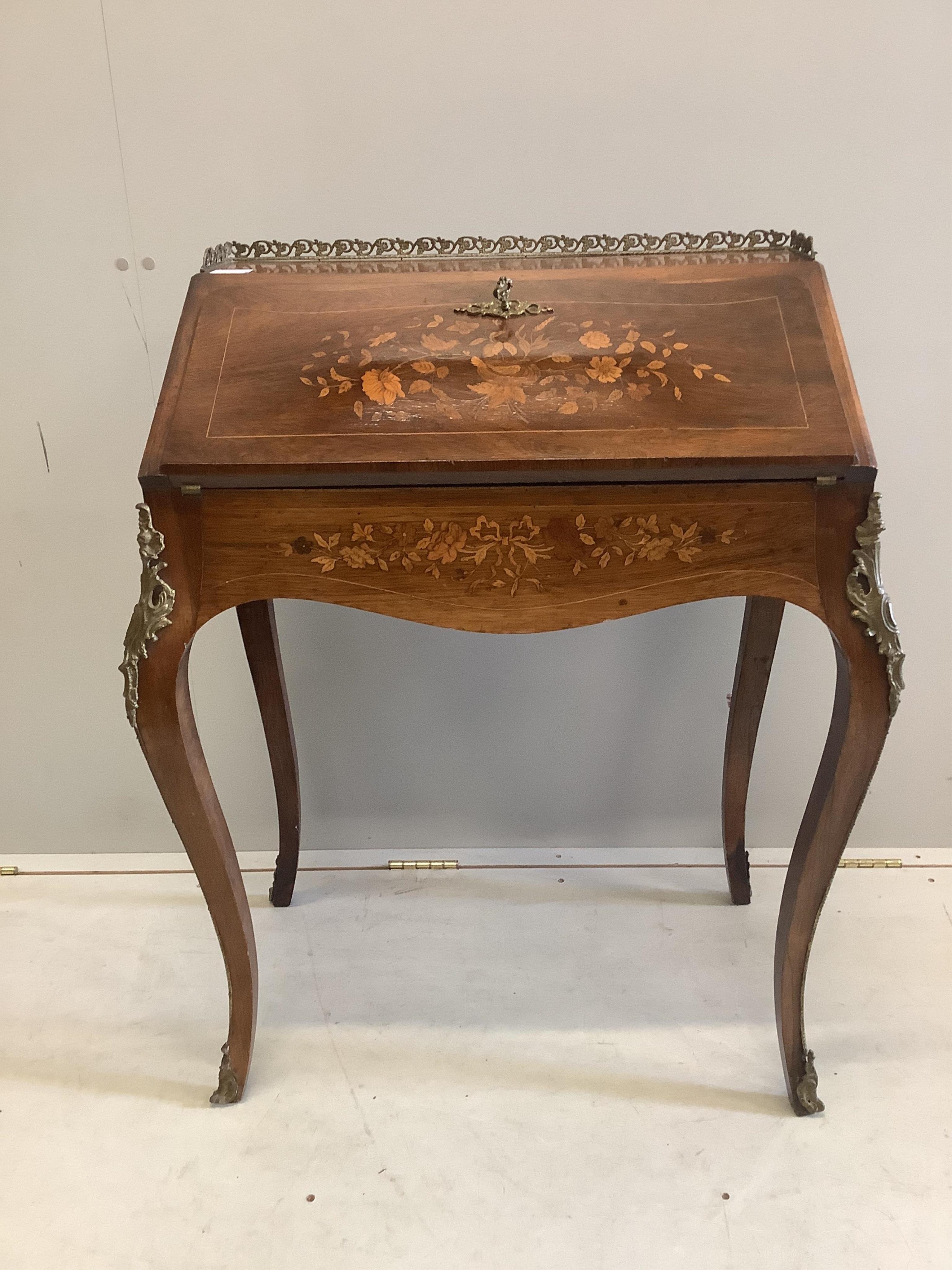 A Louis XV style rosewood and floral marquetry bureau de dame, width 79cm, depth 46cm, height 93cm